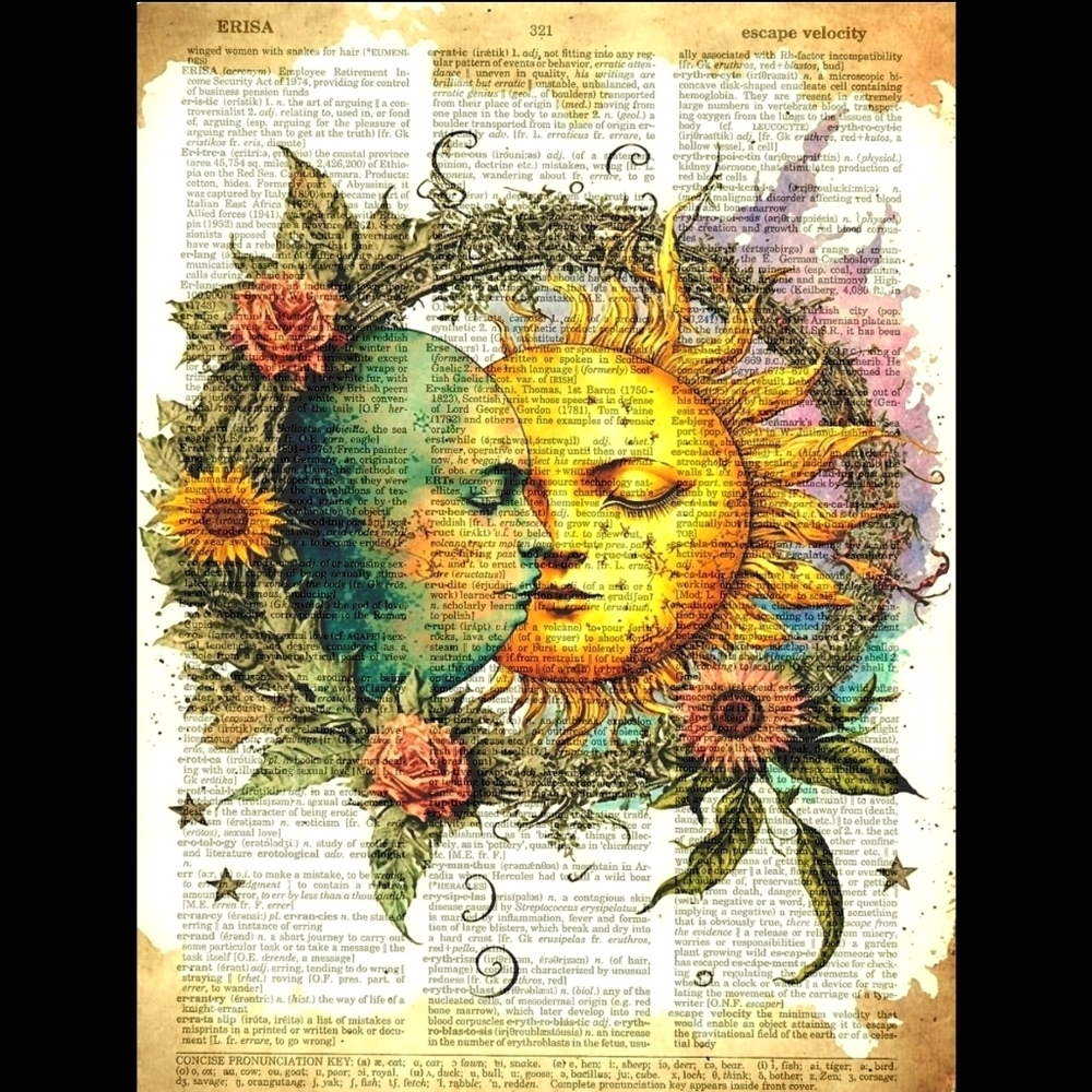 Vintage Celestial Sunflower Moon Sun Starry Sky Nature Dictionary Art Pr…